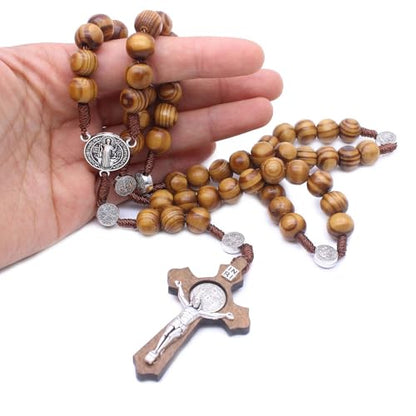 SZQCZB Wooden Rosary Beads Catholic for Men, Saint Benedict Medal and Cross - Comes in Gift Pouch and 18pcs Prayer Cards - color: Brown