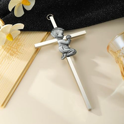 Baptism Gifts for Boys & Girls,First Communion Gifts for Kids,Christening Baby Shower Party 6in Praying Cross (1pc Silver Boy with Wooden Box) - color: Blue