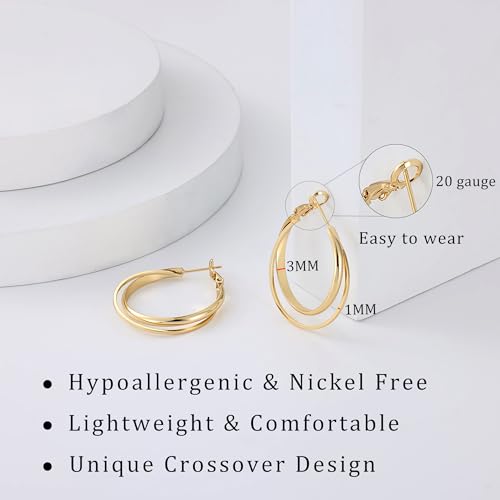 Gacimy Criss Cross Hoop Earrings for Women, 14K Gold Plated Hoops - color: Gold, size: 30mm