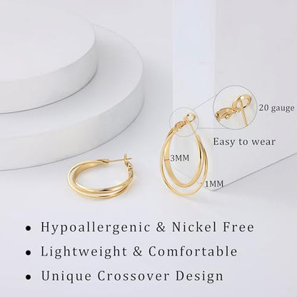 Gacimy Criss Cross Hoop Earrings for Women, 14K Gold Plated Hoops - color: Gold, size: 30mm