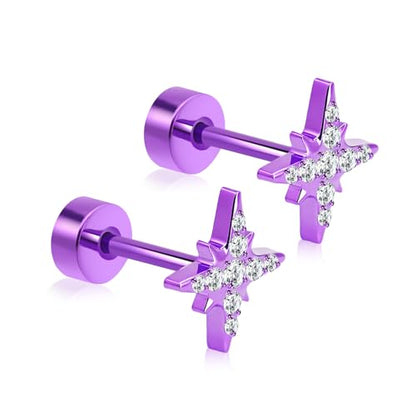 XUU Purple Stud Earrings 20G ASTM F136 Implant-Grade Titanium - color: purple cross star