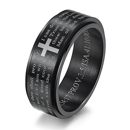 Men's Stainless Steel Bible Verse Christian Lord's Prayer Cross Ring Wedding Bands Engraved Praying - color: Spinner - Black