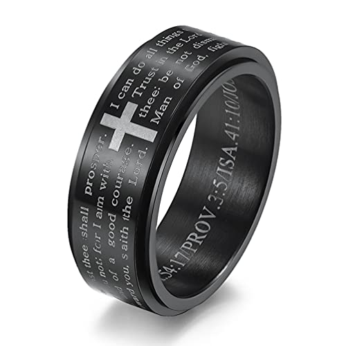 Men's Stainless Steel Bible Verse Christian Lord's Prayer Cross Ring Wedding Bands Engraved Praying - color: Spinner - Black