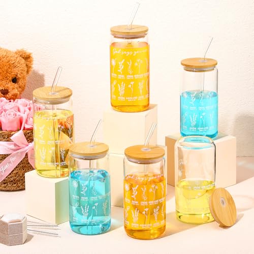 6 Pcs Christian Gifts for Women Christian God Says You Are Glass Tumblers Set 16oz Iced Coffee Cups with Lids Glass Straws Scripture Bible Verse Cups Gifts for Women