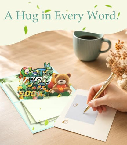 Magic Ants 3D Get Well Soon Pop-Up Card with BrownBear, Cheerful Flowers, and Butterflies | Uplifting Recovery Greeting Card for Kids, Adults, and Seniors | Personalised Note & Envelope Included - color: Flowers Butterflies