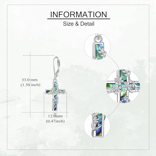Flower Cross Earrings 925 Sterling Silver Cross Dangle Drop Leverback Religion Jewelry Birthday Gifts for Women