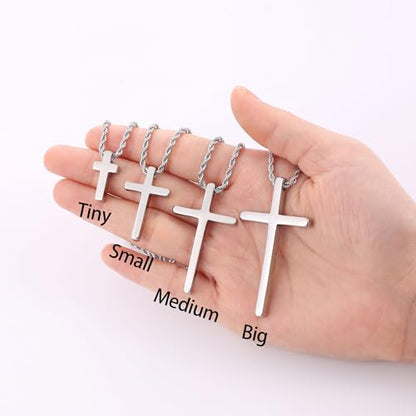 Fiusem Cross Necklace for Men, 2.5mm Rope Chain with Pendant - size: 26 Inch, style: Small silver cross: 1.2" * 0.73"