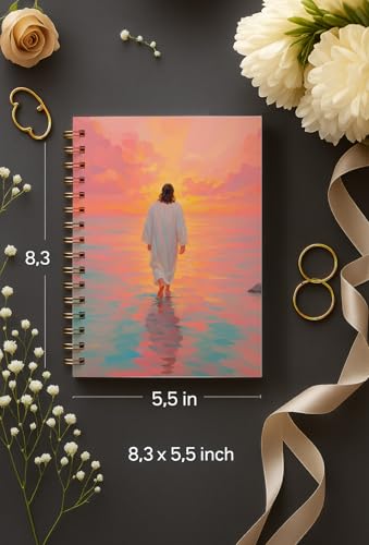 bitCNY Inspirational Christian Notebook – Jesus Walking Into Sunset – Spiritual Faith Journal with Colorful Sky, Spiral Bound 5.5x8.3 Inches - color: white-Pink-Orange Sky