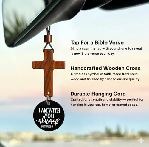 Daily Bible Verse Rearview Mirror Cross Ornament – Daily Scripture Car Charm Hanging Cross for Car with “I Am with You Always” Medallion (Black) - color: Black