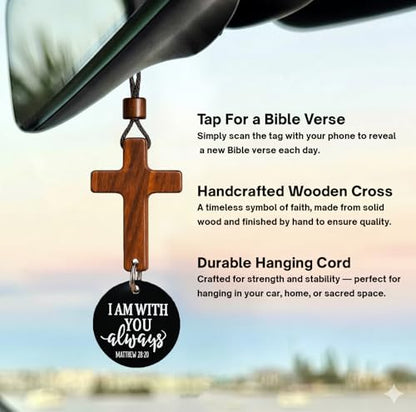 Daily Bible Verse Rearview Mirror Cross Ornament – Daily Scripture Car Charm Hanging Cross for Car with “I Am with You Always” Medallion (Black) - color: Black