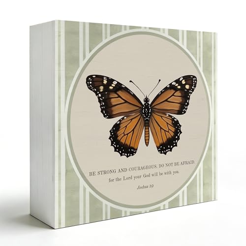 Monarch Butterfly Christian Wooden Box Sign 5x5 Inch, Christian Desk Decor, Sage Green Joshua 1:9 Bible Verse Religious Decorative Wood Signs for Home Office Desk Tabletop Shelf Decorations - color: Wooden Box Sign F