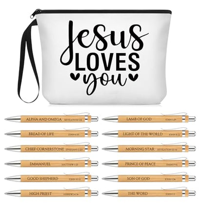 Sayglossy 13 Pcs Christian Gift Set Jesus Loves You Zipper Pouch with 12 Bible Verse Pens Bulk Inspirational Religious Gifts for Sunday School Bible Study Church Vbs