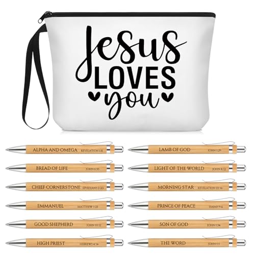 Sayglossy 13 Pcs Christian Gift Set Jesus Loves You Zipper Pouch with 12 Bible Verse Pens Bulk Inspirational Religious Gifts for Sunday School Bible Study Church Vbs