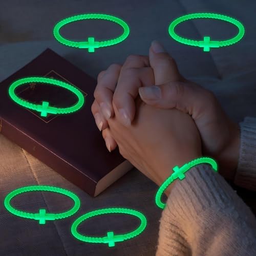 Soaoo 24/60 Pcs Jesus Bracelets Cross Silicone Bracelet Braided Stackable Rubber Wristband Silicone Jewelry Gift for Women Men - color: Luminous, size: Cross