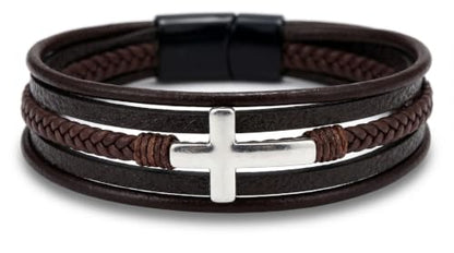 Stainless Steel Braided Leather Bracelet for Men Cuff Bangle Cross - color: Brown&White