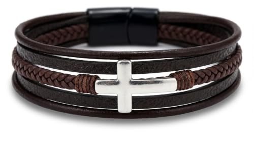 Stainless Steel Braided Leather Bracelet for Men Cuff Bangle Cross - color: Brown&White