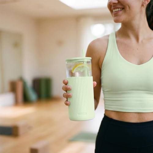 SANDJEST Glass Water Bottle with Silicone Sleeve 20oz, Glass Tumbler with Straw and Lid, Smoothie and Iced Coffee Cup, Gifts for Women Teen Girls Birthday Christmas (Soft Mint) - color: Soft Mint