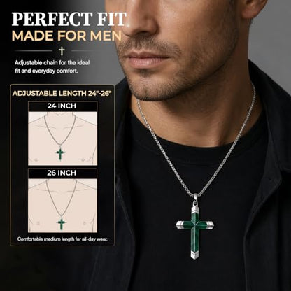 Lapis Lazuli/Amethyst Cross Necklace for Men Waterproof and Sweat-Resistant Suitable for both men and women With Adjustable Box Chain Christian Jewelry Father Day Gifts for Men - color: Green&Silver