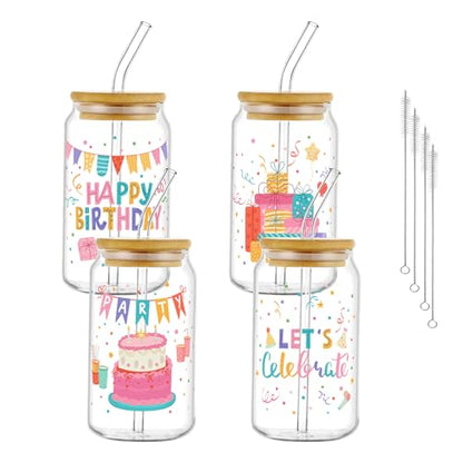 Glass Cups with Lids and Straws, 4Pack, 16oz, Birthday Party - color: Happy Birthday