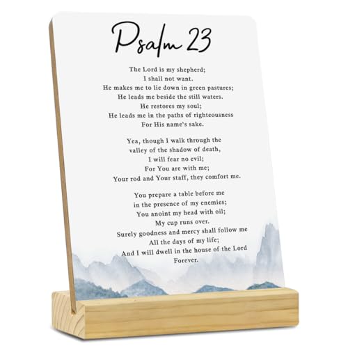 MUBIAO Bible Verse Desk Decor Rustic Plaque with Wood Stand, Psalm 23 Scriptures Mountain Wooden Sign, Christian Decorative Wood Sign for Home Office Shelf Decor - color: Psalm 23