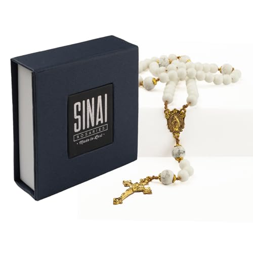 Catholic Rosary with Natural White Marble Gemstone Beads, Elegant Gold Brass Crucifix and Medal Catholic Prayer beads