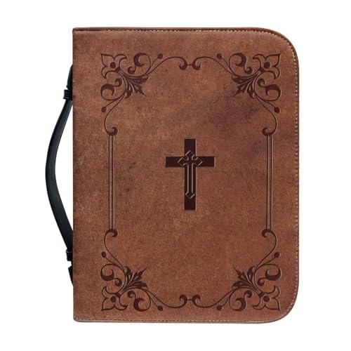 Dellukee Large Bible Bag Brown Cross Floral Print Leather Bible Cover Case for Women, Church Bag a Christian Gift - color: Brown Cross Floral, size: 2X-Large-bible size ≤11*8*2.1 inch
