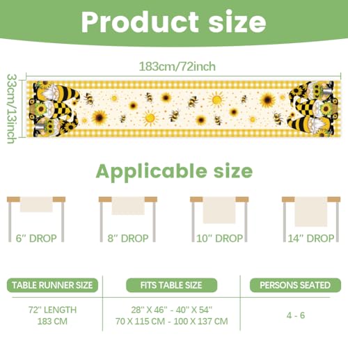 WADORN Sunflower Gnomes Bee Table Runner, 13x72 Inch Gnome Buffalo Plaid Yellow Kitchen Dining Table Decoration Spring Summer Seasonal Farmhouse Holiday Table Runner for Home Party Decor - size: Sunflower Gnomes Bee