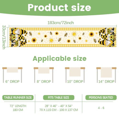 WADORN Sunflower Gnomes Bee Table Runner, 13x72 Inch Gnome Buffalo Plaid Yellow Kitchen Dining Table Decoration Spring Summer Seasonal Farmhouse Holiday Table Runner for Home Party Decor - size: Sunflower Gnomes Bee