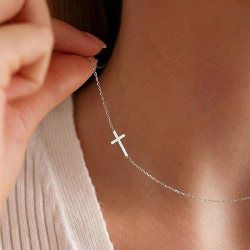 AllenCOCO Sterling Silver Cross Necklace for Women, 14K Gold or Silver Dainty Small Cross Pendant Choker Simple Trendy Cute Cross Charm Chain Easter Baptism Religious Faith Jewelry Gift - color: Sideways Cross-Silver