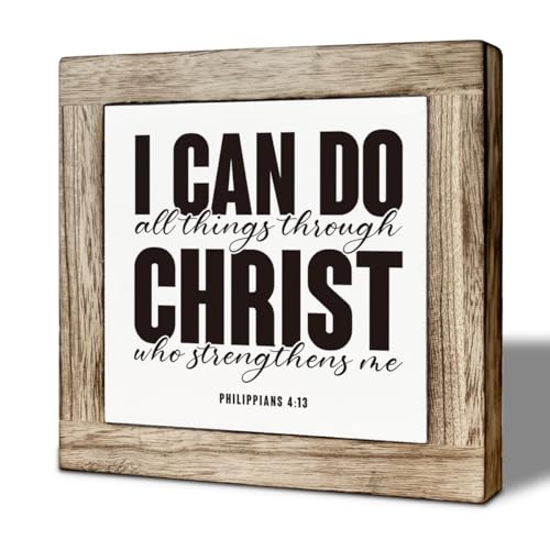 Christian Wooden Desk Decor Sign, I Can Do All Things Through Christ Who Strengthens Me, Farmhouse Bible Verse Philippians 4:13 Tabletop Sign, Inspirational Gift for Family - color: color03