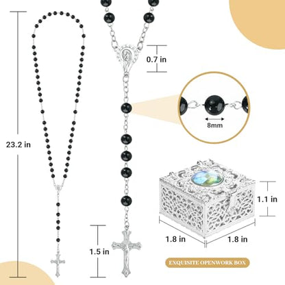 Black Pearl-Style Rosary Necklace with Metal Gift Box, 8mm, 22 Inch - color: Black