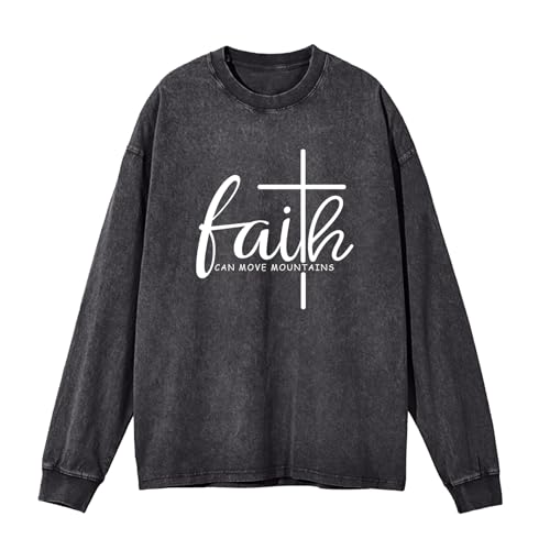 Christian Shirts for Women Faith Can Move Mountains Acid Wash Shirt Jesus Religious Bible Verse Long Sleeve Top - color: Black, size: X-Large