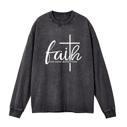 Christian Shirts for Women Faith Can Move Mountains Acid Wash Shirt Jesus Religious Bible Verse Long Sleeve Top - color: Black, size: Small