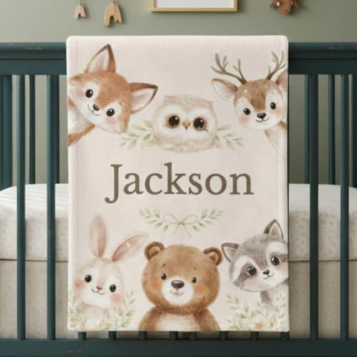 Woodland Baby Blanket Personalized, Forest Nursery Decor Forest Animal Throw Name Custom Coming Home Blanket Rustic Boy - color: Forest Blanket #13