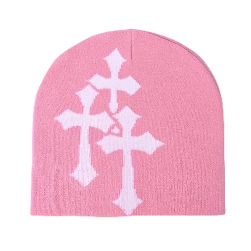 Fashion Knit Beanie with Cross Pattern Y2K Unisex Soft Jacquard Cap Popular Hip-Hop Cool Street Outdoor Sports Earflap Hat - color: Pink