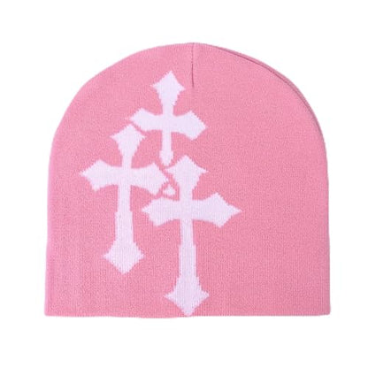 Fashion Knit Beanie with Cross Pattern Y2K Unisex Soft Jacquard Cap Popular Hip-Hop Cool Street Outdoor Sports Earflap Hat - color: Pink