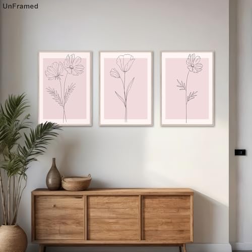 Aglcatie Pink Flower Wall Art Set of 3 - Aesthetic Blush Pink Floral Minimalist Line Art Canvas Prints, Modern Botanical Decor for Girls Bedroom, College Dorm, Trendy Home Office, 12x16 Inch Unframed - color: Pink-Poster, size: 16"L x 12"W