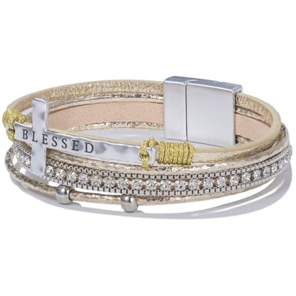 Christian Cross Leather Bracelets Boho Western Blessing Religious Jewelry - color: Champagne