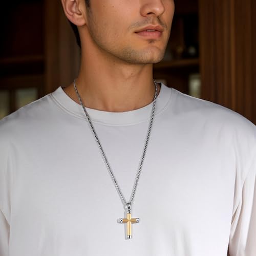 Stainless Steel Cross Necklace for Men with Adjustable Box Chain Christian Cross neckalce Gift - color: Gold