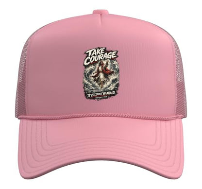 Take Courage It is I. Don't Be Afraid Bible Verse Art Trucker Hat with Adjustable Mesh Back - color: Pink