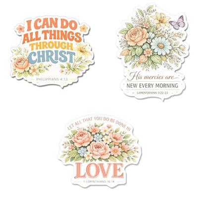 (3 Pcs) Christian Stickers - Waterproof Vinyl Christian Sticker Pack - color: Floral Bible Verse