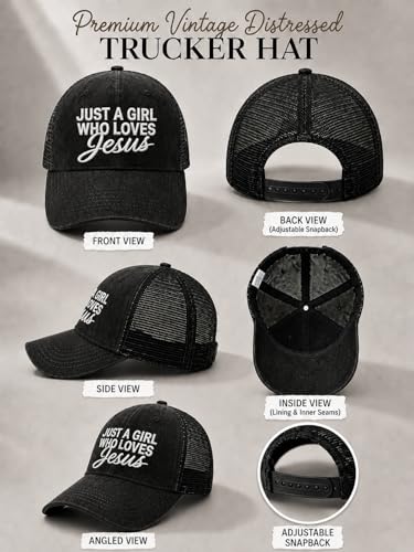 Christian Hat for Men Women - Premium Embroidered Faith Baseball Cap - Religious Jesus Gifts, Mesh Back Trucker Hats - color: Just a Girl Who Loves Jesus-black