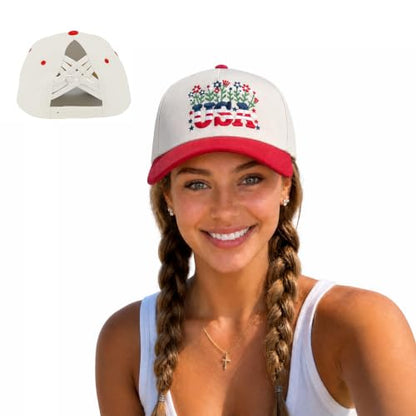 C.C Women's Criss-Cross Ponytail Trucker Hat - Snapback, One Size - color: Floral Usa-red