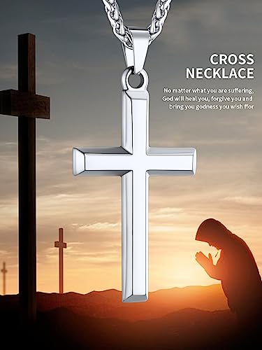 ChainsHouse Cross Necklace for Men, Black/18K Gold Plated/Stainless Steel Christian Jewelry Cross Pendant Necklace for Men, with Gift Box - color: d: Cross-Steel