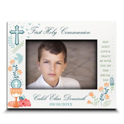 BELLA BUSTA-Personalize My First Holy Communion Theme Picture frame-Cross and Chalice, Religion, Christian Traditions Occasion-UV Print (5x7 Horizontal (Boy)) - color: 5x7 Horizontal (Boy)