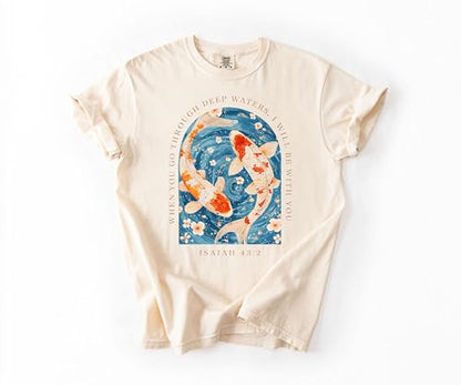 Daytee Isaiah 43 2 Shirt Garment Dyed Tee Christian Koi Fish Shirt Bible Verse Shirt Faith Graphic Tee - size: XX-Large