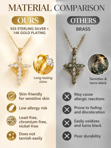 925 Sterling Silver Cross With Crown Necklace for Women 16+2 Inch - color: Gold