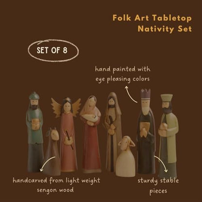 Folk Art Nativity Scene, Set of 8 Pieces, Tabletop Christmas Decorations, Collectible Figurines, Baby Jesus Holy Family Manger Scene, Indoor Xmas Decor for Tables, Shelf, Mantel, Handmade, Unique