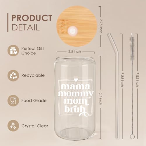 SANDJEST Mother Glass Can, Mama Mommy Mom Bruh Cup with Lid & Straw, Iced Coffee Aesthetic Cups, Idea Gift for Christmas Birthday Mother Day, Gifts for Women, 16oz - color: Mom 3