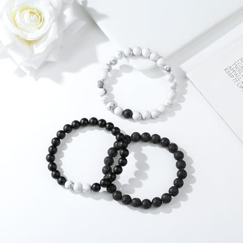 Mens Beaded Bracelets, 8MM Beaded Bracelets for Men, Natural Tiger Eye Bead Bracelet, Stretch Elastic Beads Bracelets for Men - color: 3 black volcanic white pine